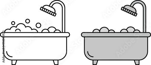 Vector illustration of two bathtubs filled with bubbles and water under shower heads