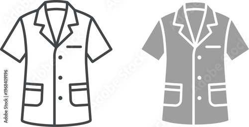 Vector graphic illustration of two short sleeve lab coats in different styles and colors for medical or scientific use