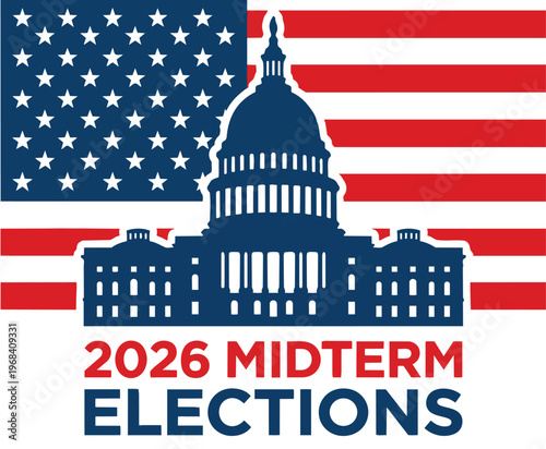 Midterm Elections 2026 White House with American Flag Vector Illustration