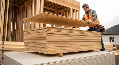 Construction Worker Stacking Plywood Sheets at New Residential Building Site