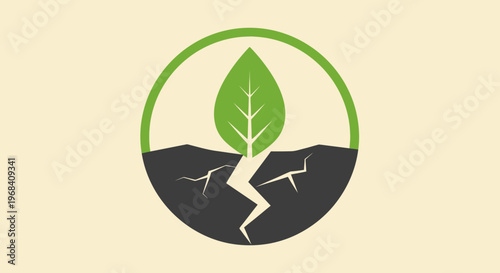 Green leaf emerging from cracked earth.