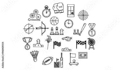 Circular competition outline icons set with sports equipment and tournament symbols clean vector illustration