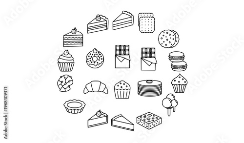 Circular dessert and bakery outline icons set with cakes cookies cupcakes and sweet treats vector illustration
