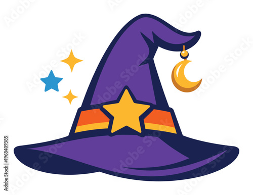 Magical wizard hat displaying a golden star and moon charm, with sparkling stars, representing witchcraft and Halloween