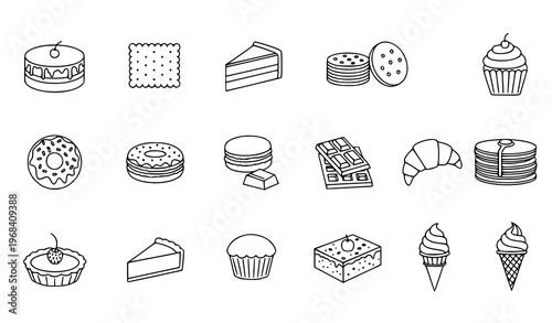 Modern dessert icons collection with cakes cookies cupcakes and bakery sweets scattered minimal vector illustration