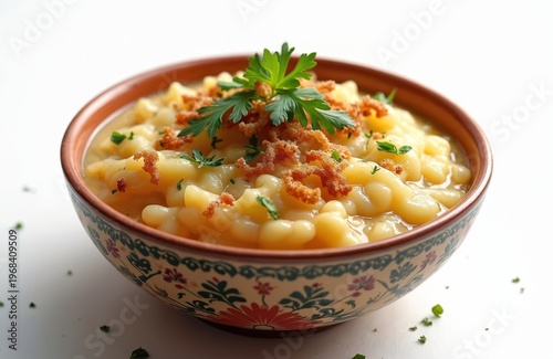 Wholesome daliya porridge served in decorative bowl. Creamy cereal dish garnished with herbs and crispy bits. Savory meal offers warm comfort and satisfying flavor.