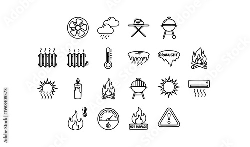 Circular heat and temperature outline icons set with fan sun radiator and fire symbols vector illustration