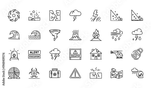 Modern hurricane disaster icons collection with storm and climate hazard symbols scattered minimal vector illustration