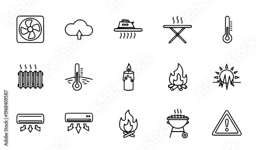 Modern heat icons collection with fan thermometer grill and climate hot symbols scattered minimal vector illustration