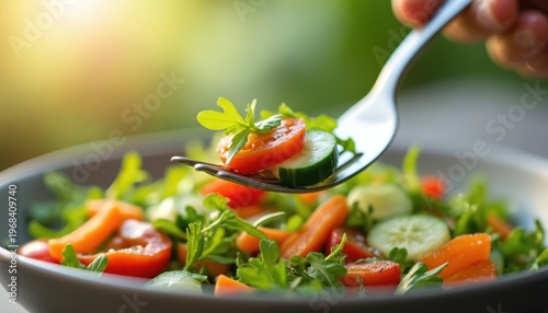 Fork picks up fresh salad with tomatoes cucumber and greens. Healthy food preparation for lunch or dinner meal. Vibrant colors of raw vegetables.