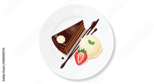 Decadent Chocolate Pastry Served with Creamy Vanilla Ice Cream and Fresh Strawberry on a White Plate