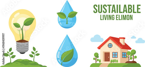 Sustainable Living Icons with Green Energy, Water Conservation, and Eco-Friendly House for Environmental Design