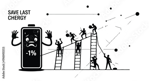 low battery energy saving concept with people climbing ladders