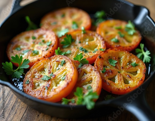 Pan fried green tomato slices with fresh parsley garnish served in cast iron skillet on rustic wood table. Delicious savory dish prepared with healthy ingredients for a hearty meal.