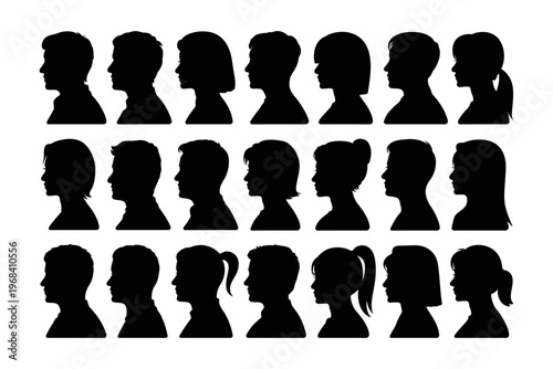 Vector collection of various silhouette profiles of people facing different directions