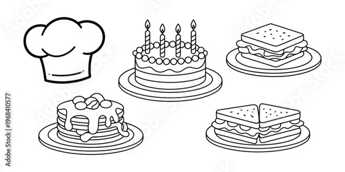 Vector of a chef hat and assorted food items on plates