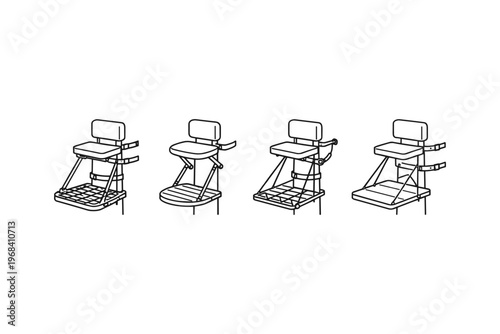 Collection of four different hunting tree stand seat designs with straps and backrests
