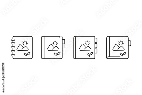 Collection of four different icon designs for journals and photo albums