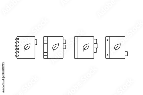 Collection of minimalist icons representing notebooks and binders with leaf symbols
