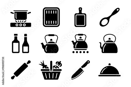 Collection of various vector kitchen icons including pots kettles and utensils