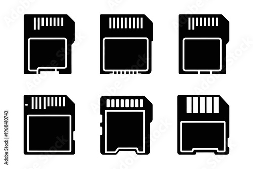 Set of six vector memory card icons arranged neatly in a grid