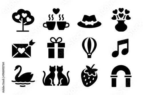 Collection of romantic and whimsical vector icons including animals, objects, and symbols