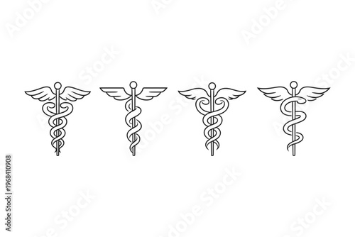 Set of four caduceus symbols in a line on a white background