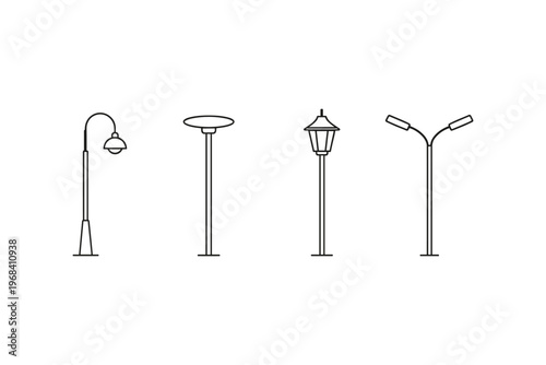 Collection of four distinct street lamp designs in a clean line art style