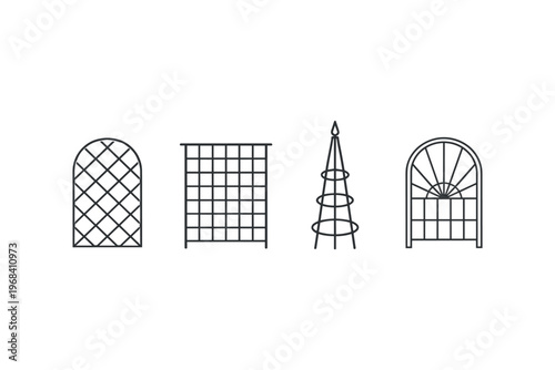 Collection of garden trellises and plant supports in a minimalist line art style