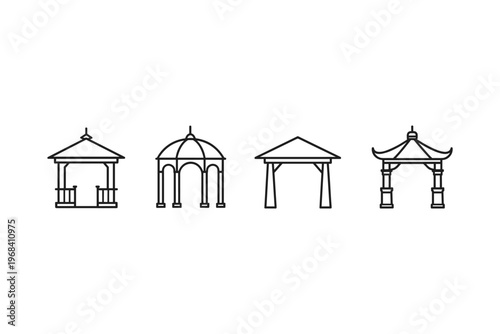 Collection of four distinct architectural gazebo and pavilion line art icons