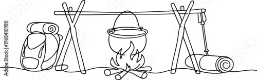 Outdoor cooking cauldron over fire line art drawing camping hiking adventure minimal black linear sketch isolated on white background