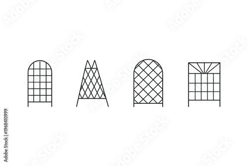 Collection of four distinct garden trellises and plant supports in a minimalist style