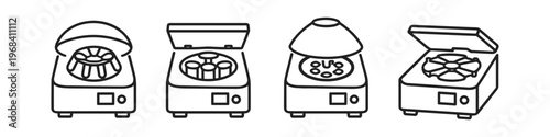 Collection of laboratory centrifuges with open lids and rotors visible