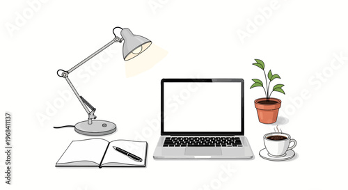 home office workspace with laptop computer and desk lamp on white background for business productivity