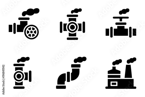 Vector of industrial valves and factory equipment emitting smoke