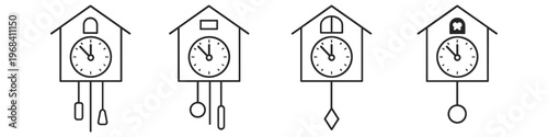 Collection of simple line art cuckoo clocks with different pendulum designs
