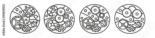 Intricate clockwork mechanisms in a circular design, a set of four illustrations