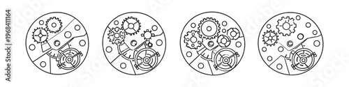 Detailed line art illustration of four vintage watch movements side by side