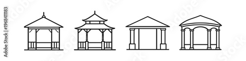 Collection of four distinct architectural pavilion designs in a clean line art style