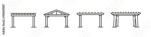 Collection of simple line art icons representing different types of pergolas and gazebos