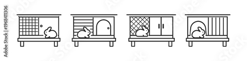 Collection of stylized rabbit hutches with cute bunnies inside, line art