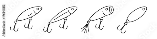Collection of four different fishing lures with hooks and detailed designs