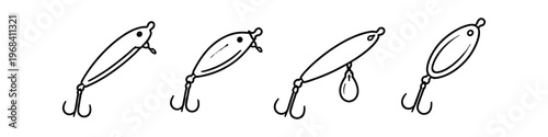 Collection of four hand-drawn fishing lures with hooks and different designs