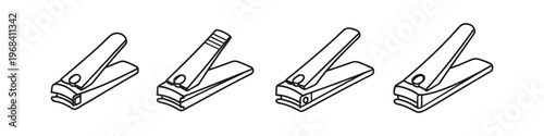 Collection of four simple line art illustrations of nail clippers on a white background