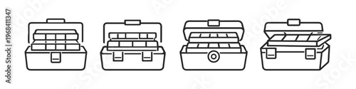 Collection of open tackle boxes with compartments for fishing gear