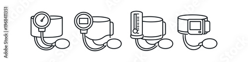 Collection of blood pressure monitor icons with different gauges and displays