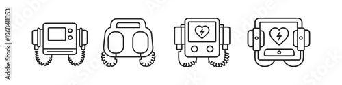Collection of line art icons representing defibrillators and medical devices