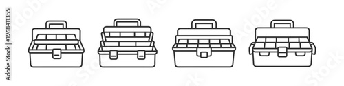 Collection of open tackle boxes with multiple compartments and handles