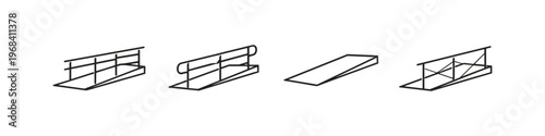Collection of simple line art illustrations of skate park ramps and obstacles