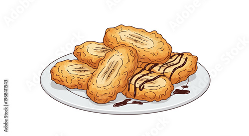 Crispy golden fried banana fritters artfully arranged on a white plate with drizzled chocolate sauce